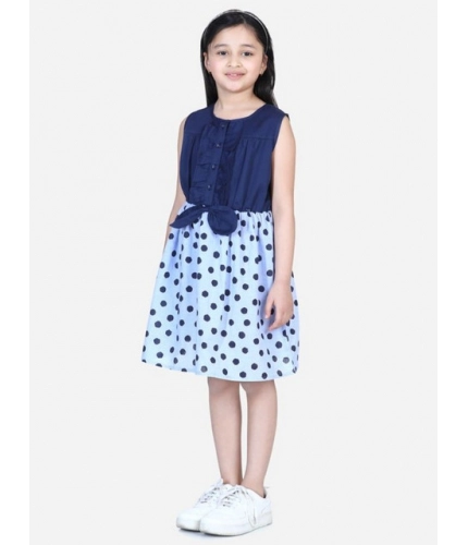 Girl's Denim Polka Sleeveless Dress (Blue)