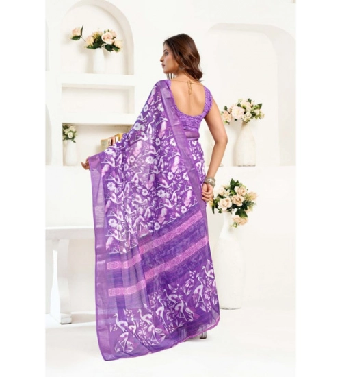 Women's Linen Cotton Printed Ready To Wear Saree With Unstitched Blouse 5.5 Mtr (Purple) Women's Linen Cotton Printed Ready To Wear Saree With Unstitched Blouse 5.5 Mtr (Purple)