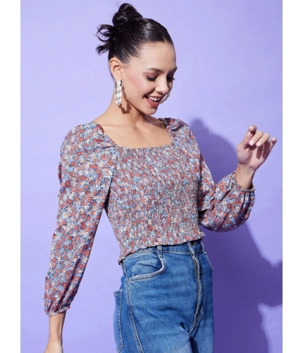 Women's Polyester Floral Long Sleeves Top (Multicolor)