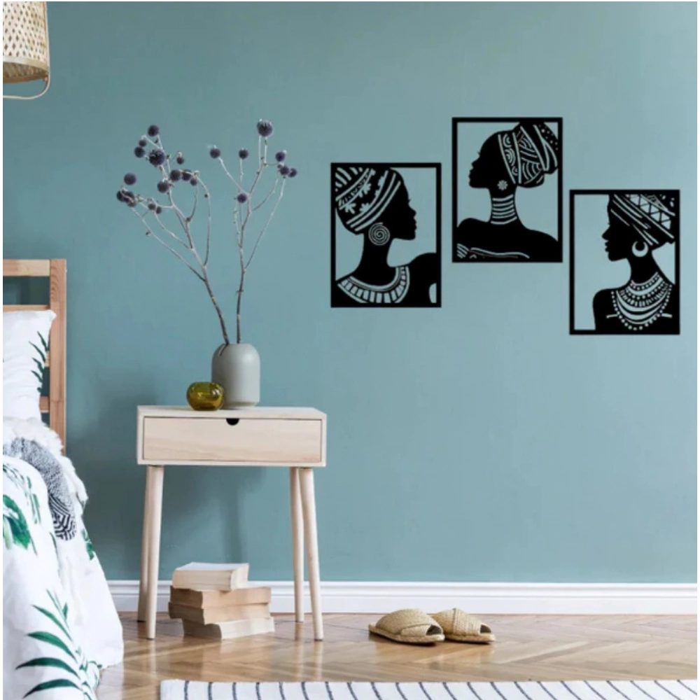 African Elegance Wooden Wall Decor – Set of 3 Panels (Black)