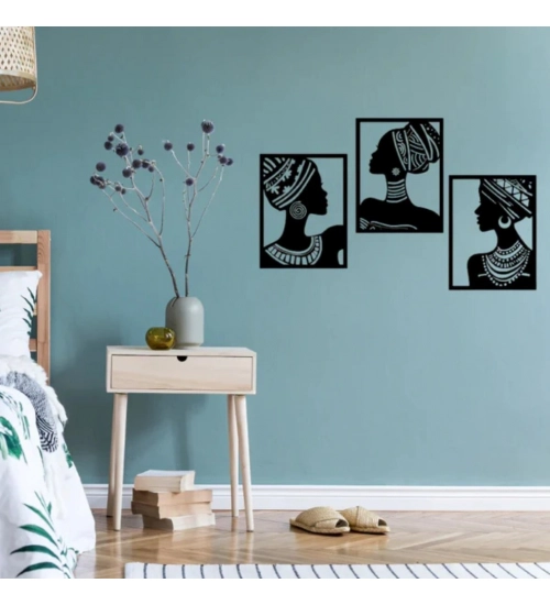 African Elegance Wooden Wall Decor – Set of 3 Panels (Black)