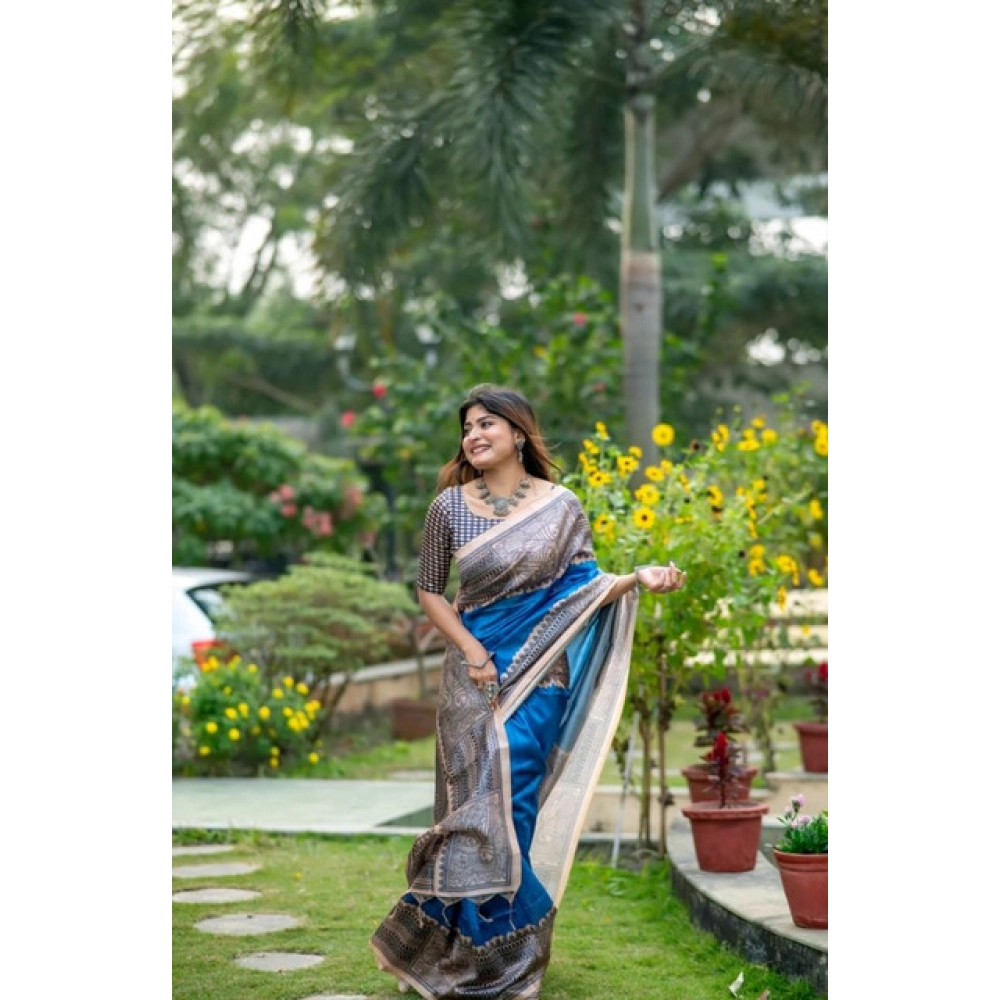 Women's Faux_Tussar Geometric_Print Saree With Unstitched Blouse 5.5Mtr (Royal_Blue) Women's Faux_Tussar Geometric_Print Saree With Unstitched Blouse 5.5Mtr (Royal_Blue)