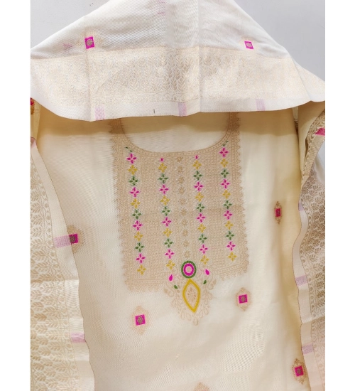 Women's Banarasi Silk Printed Unstitched Salwar Suit Material With Dupatta (White, 3Mtrs)