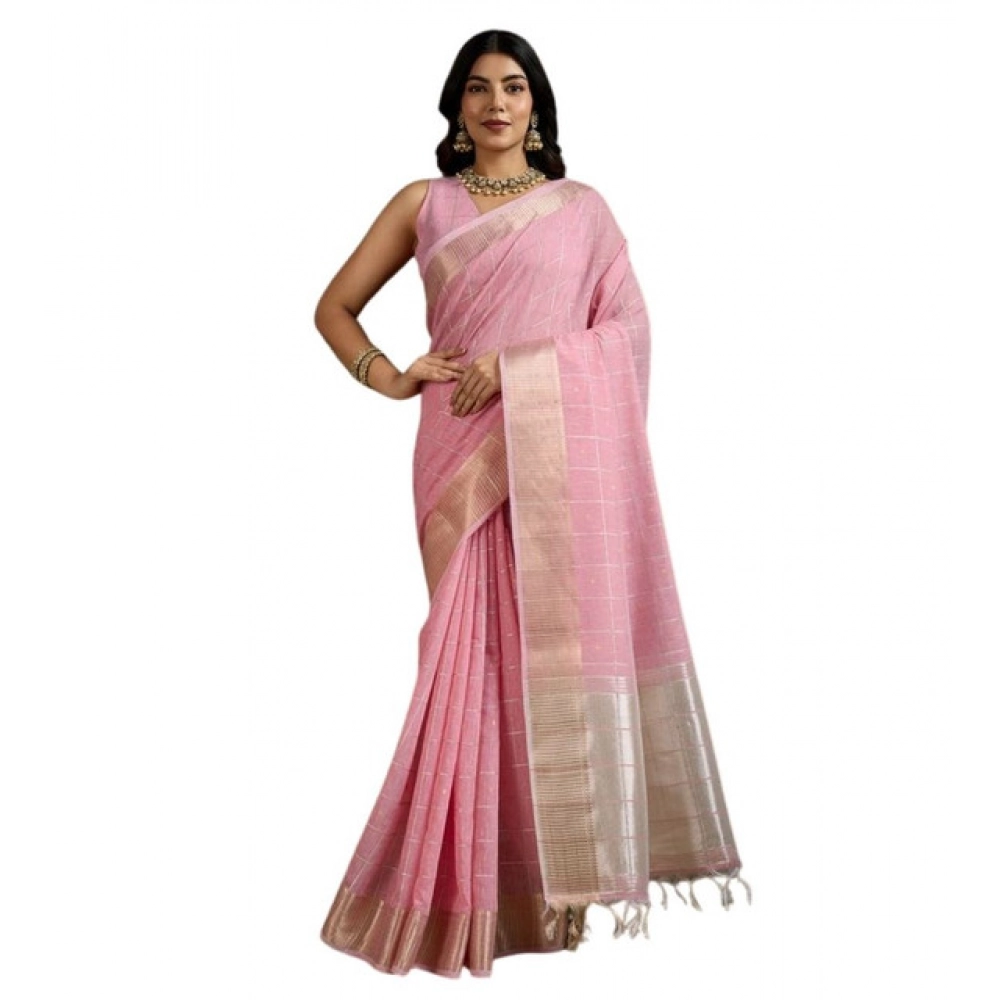 Women's Tissue Checks_With_Buttis Saree With Unstitched Blouse 5.5Mtr (Light_Pink) Women's Tissue Checks_With_Buttis Saree With Unstitched Blouse 5.5Mtr (Light_Pink)