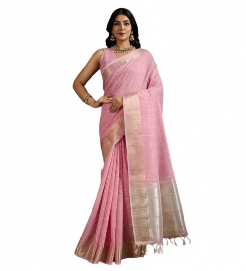 Women's Tissue Checks_With_Buttis Saree With Unstitched Blouse 5.5Mtr (Light_Pink)