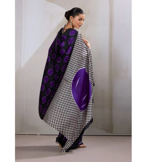 Women's Satin Crepe Printed Saree With Unstitched Blouse 5.5Mtr (Purple)