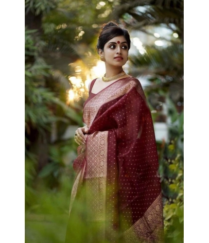 Women's Litchi silk Printed Saree With Unstitched Blouse (Maroon)