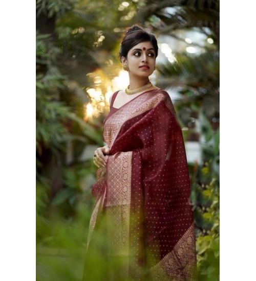 Women's Litchi silk Printed Saree With Unstitched Blouse (Maroon)