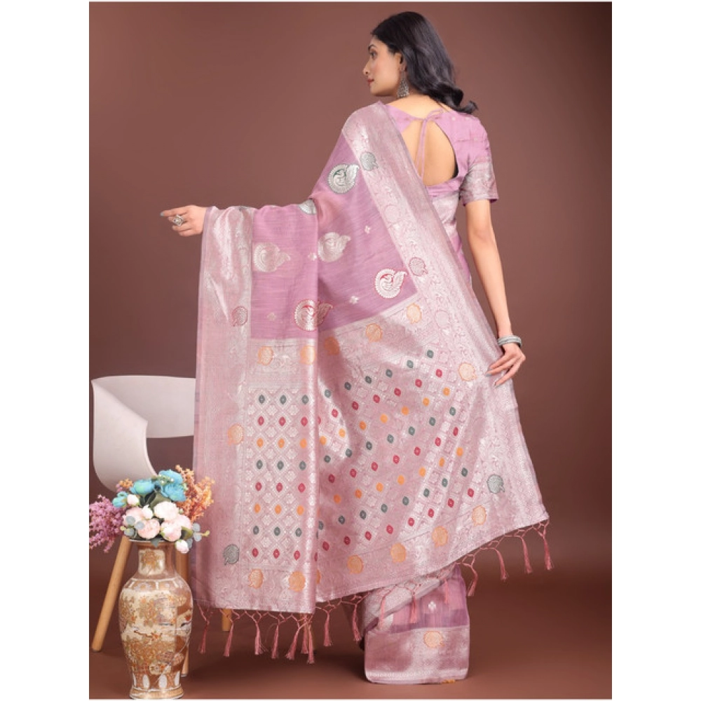 Women's Linen Cotton Printed Saree With Unstitched Blouse 5.5Mtr (Purple) Women's Linen Cotton Printed Saree With Unstitched Blouse 5.5Mtr (Purple)