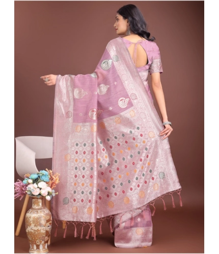 Women's Linen Cotton Printed Saree With Unstitched Blouse 5.5Mtr (Purple)