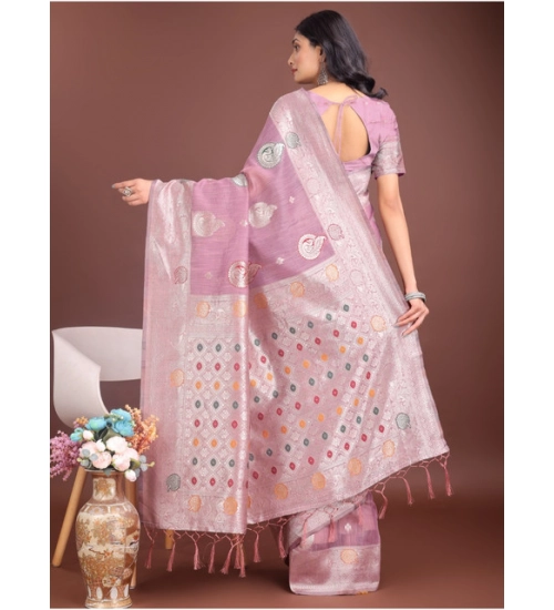 Women's Linen Cotton Printed Saree With Unstitched Blouse 5.5Mtr (Purple)