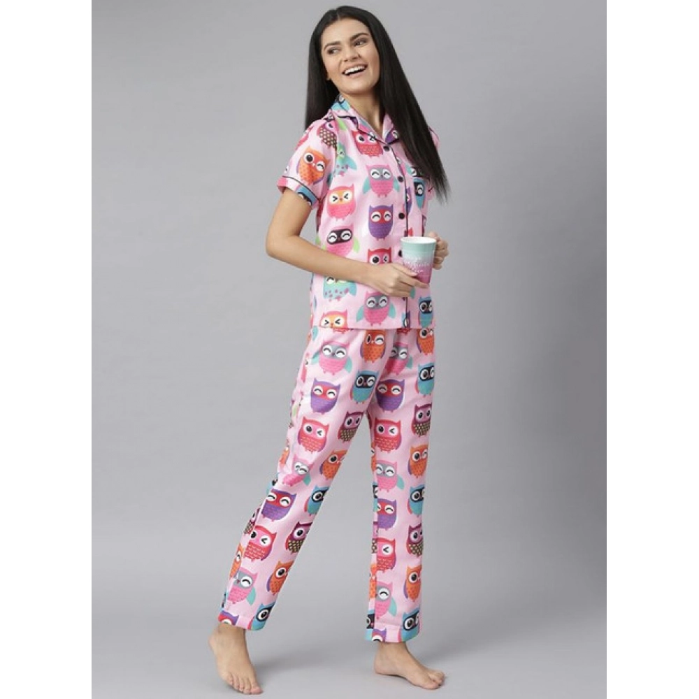 Women's Cotton Blend Printed Short Sleeve Night Suit (Pink) Women's Cotton Blend Printed Short Sleeve Night Suit (Pink)