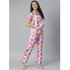 Women's Cotton Blend Printed Short Sleeve Night Suit (Pink)