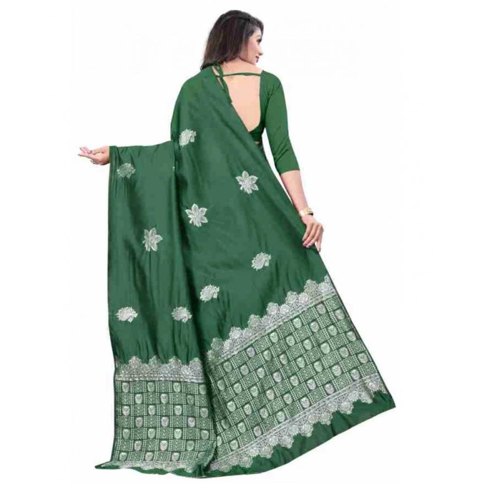 Women's Soft Lichi Silk Printed Saree With Unstitched Blouse 5.5Mtr (Green)