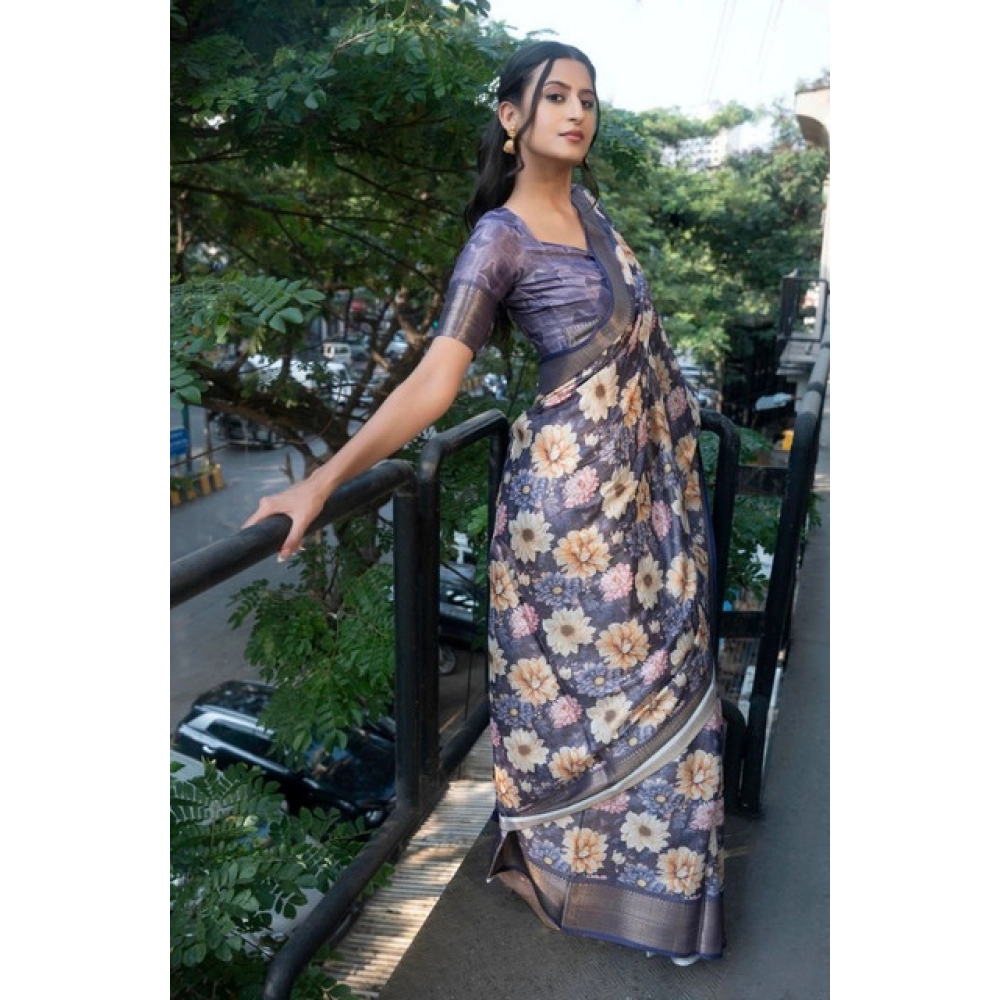 Women's Polyester Printed Saree With Unstitched Blouse 5.5 Mtr (Purple)