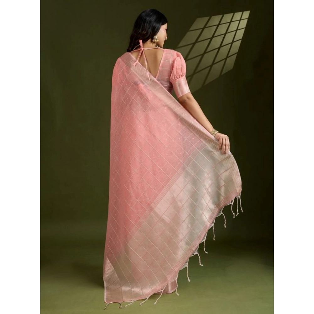 Women's Tissue Checks_With_Buttis Saree With Unstitched Blouse 5.5Mtr (Peach)
