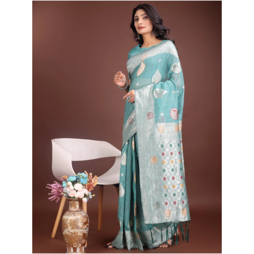 Women's Linen Cotton Printed Saree With Unstitched Blouse 5.5Mtr (Sea Green) Women's Linen Cotton Printed Saree With Unstitched Blouse 5.5Mtr (Sea Green)