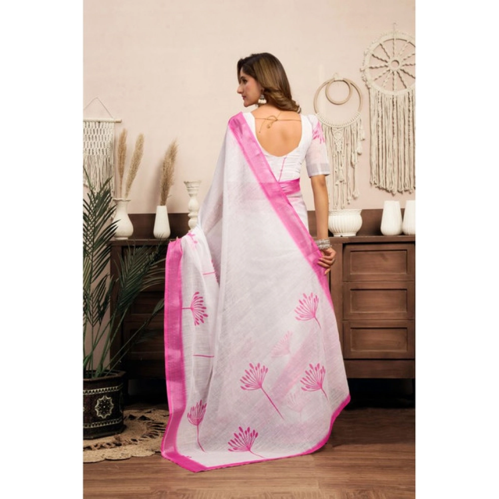 Women's Linen Cotton Printed Ready To Wear Saree With Unstitched Blouse 5.5 Mtr (Light_White)