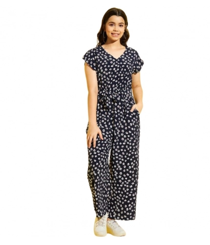 Girl's Polyester Moss Floral Short Sleeves Jumpsuit (Navy-white)