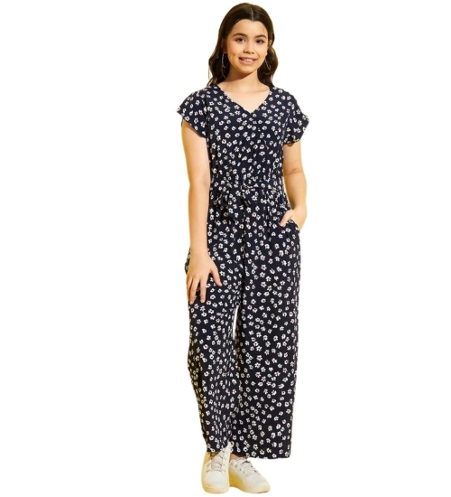 Girl's Polyester Moss Floral Short Sleeves Jumpsuit (Navy-white)
