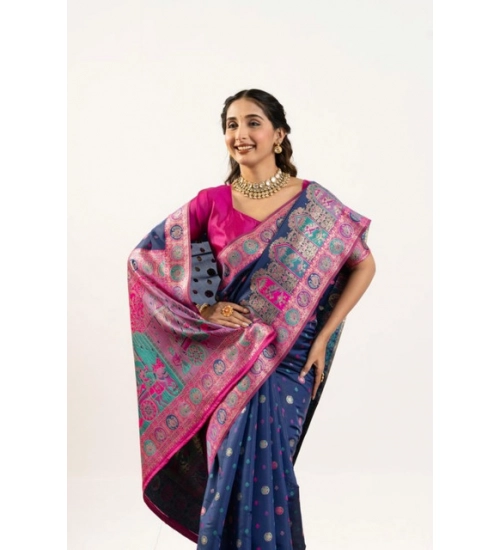 Women's Faux_Banarasi Woven Motifs Saree With Unstitched Blouse 5.5Mtr (Navy_Blue)