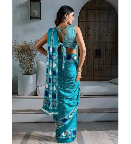 Women's Satin Crepe Printed Saree With Unstitched Blouse 5.5Mtr (Sky Blue)