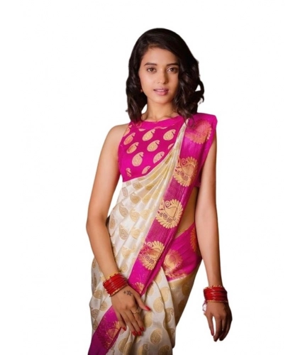 Women's Soft Lichi Silk Printed Saree With Unstitched Blouse 5.5Mtr (White)