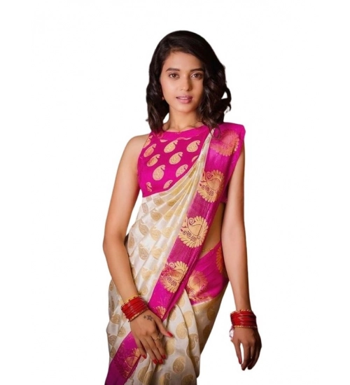 Women's Soft Lichi Silk Printed Saree With Unstitched Blouse 5.5Mtr (White)