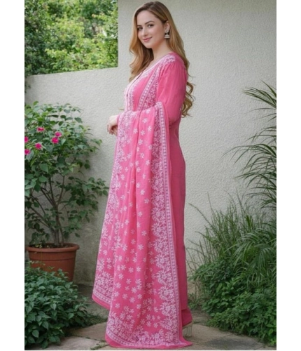Women's Chanderi Silk Ethnic Motif Round 3/4th Sleeve Kurti With Pant Dupatta Set (Pink)