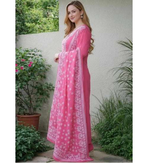 Women's Chanderi Silk Ethnic Motif Round 3/4th Sleeve Kurti With Pant Dupatta Set (Pink)