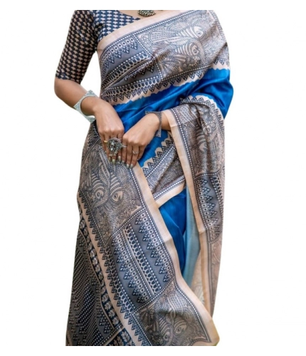 Women's Faux_Tussar Geometric_Print Saree With Unstitched Blouse 5.5Mtr (Royal_Blue) Women's Faux_Tussar Geometric_Print Saree With Unstitched Blouse 5.5Mtr (Royal_Blue)
