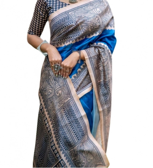 Women's Faux_Tussar Geometric_Print Saree With Unstitched Blouse 5.5Mtr (Royal_Blue)