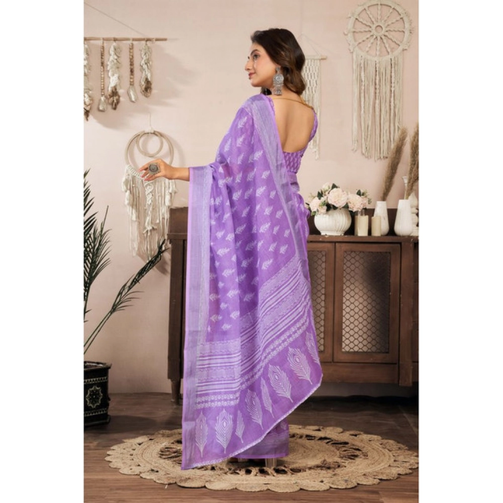 Women's Linen Cotton Printed Ready To Wear Saree With Unstitched Blouse 5.5 Mtr (Lavender)