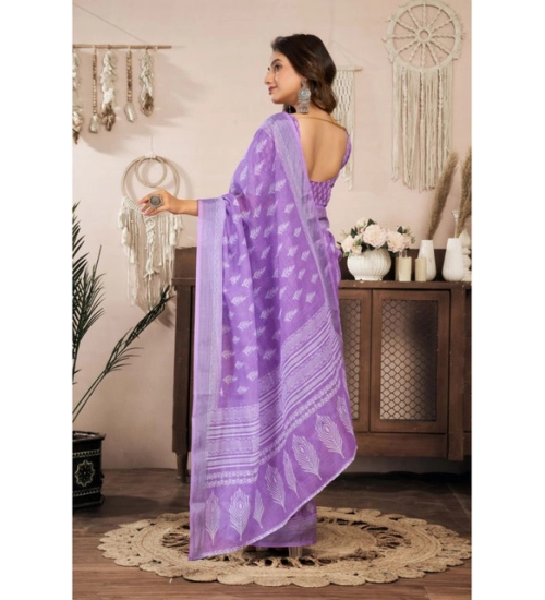Women's Linen Cotton Printed Ready To Wear Saree With Unstitched Blouse 5.5 Mtr (Lavender)