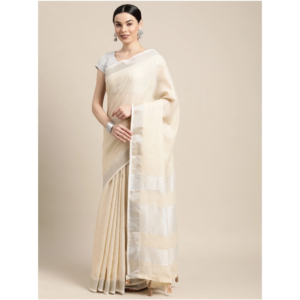 Women's Linen Cotton Printed Saree With Unstitched Blouse 5.5Mtr (Cream) Women's Linen Cotton Printed Saree With Unstitched Blouse 5.5Mtr (Cream)