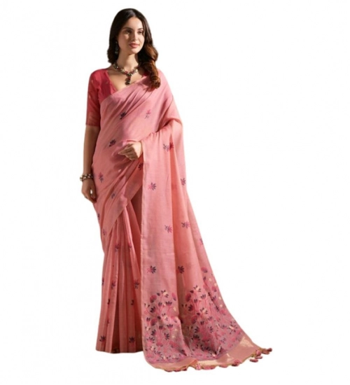 Women's Blended_Cotton Floral Saree With Unstitched Blouse 5.5Mtr (Pink)
