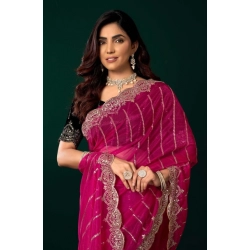 Women's Net Sequence Saree With Unstitched Blouse 5.5Mtr (Pink)