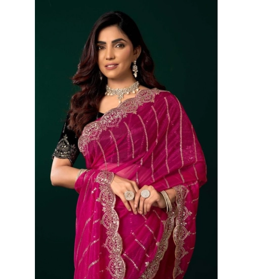 Women's Net Sequence Saree With Unstitched Blouse 5.5Mtr (Pink)