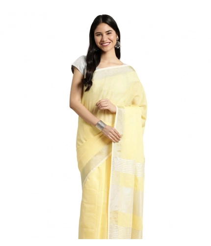 Women's Linen Cotton Printed Saree With Unstitched Blouse 5.5Mtr (Yellow)