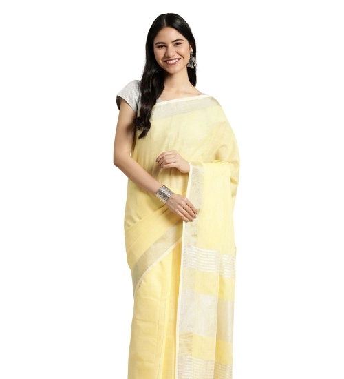 Women's Linen Cotton Printed Saree With Unstitched Blouse 5.5Mtr (Yellow)