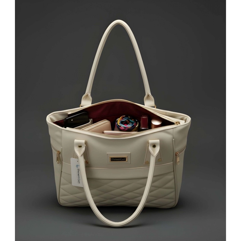 Women's PU Leather Solid Shoulder Zipper Handbag (Cream)