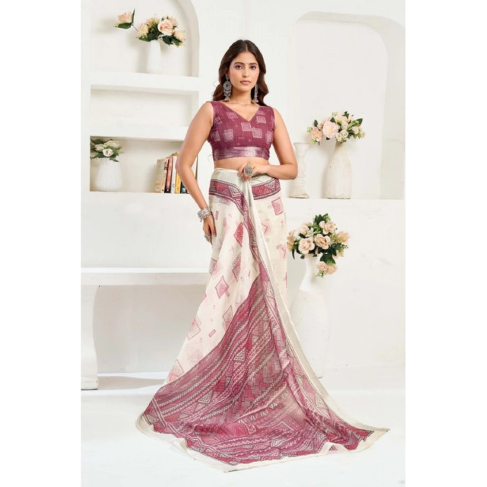 Women's Linen Cotton Printed Ready To Wear Saree With Unstitched Blouse 5.5 Mtr (Off_White) Women's Linen Cotton Printed Ready To Wear Saree With Unstitched Blouse 5.5 Mtr (Off_White)