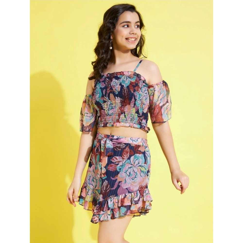 Girl's Polyester Lurex Floral Shoulder Straps Top and Skirt Set (Multicolor)