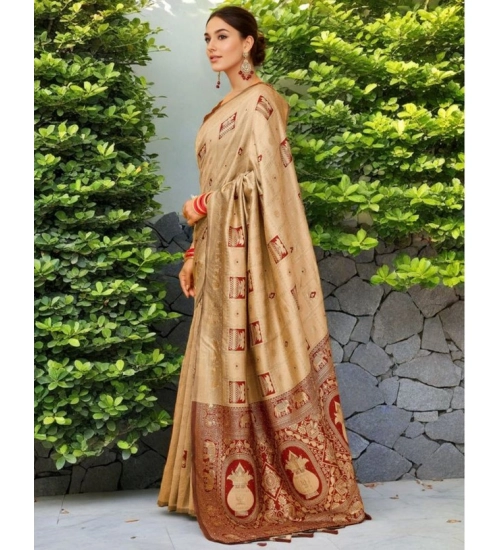 Women's Silk Blend Woven Zari Work Saree With Unstitched Blouse 5.5Mtr (Beige)