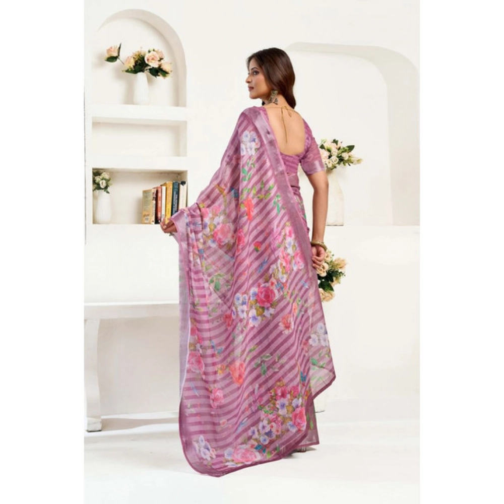 Women's Linen Cotton Printed Ready To Wear Saree With Unstitched Blouse 5.5 Mtr (Light_Mauve)