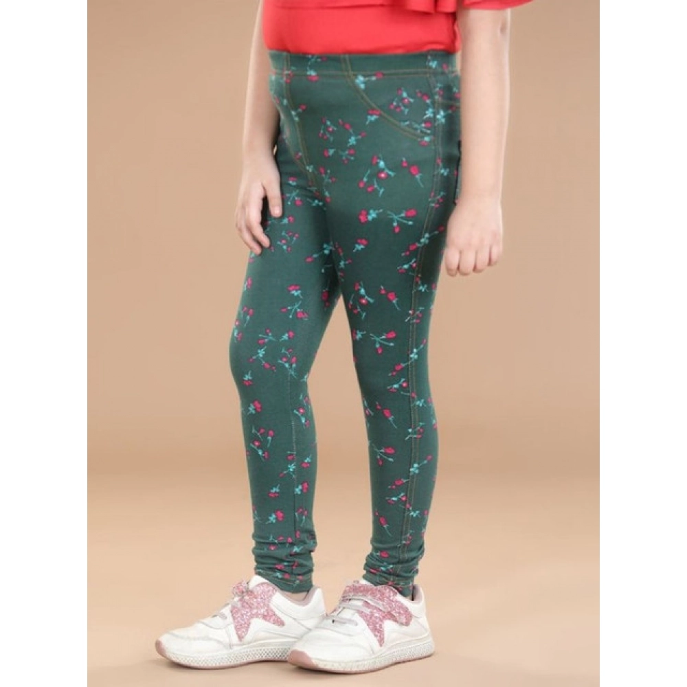 Girl's Cotton Lycra Floral Elasticated Jeggings (Bottle Green) Girl's Cotton Lycra Floral Elasticated Jeggings (Bottle Green)