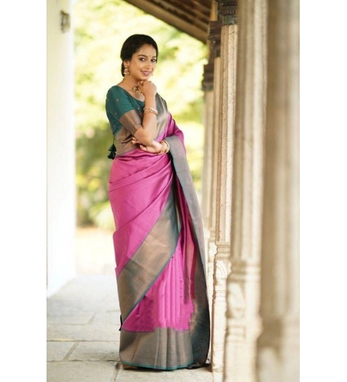 Women's Soft Lichi Silk Printed Saree With Unstitched Blouse 5.5Mtr (Pink)