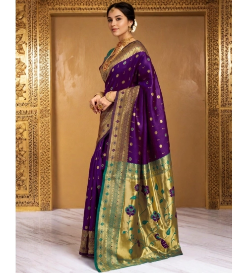 Women's Silk Blend Zari Weaving Saree With Unstitched Blouse 5.5Mtr (Purple)