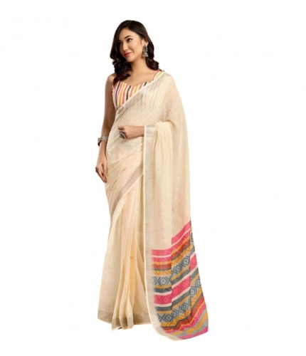 Women's Faux Linen Floral Print Ready to wear Saree With Unstitched Blouse 5.5Mtr (Cream)