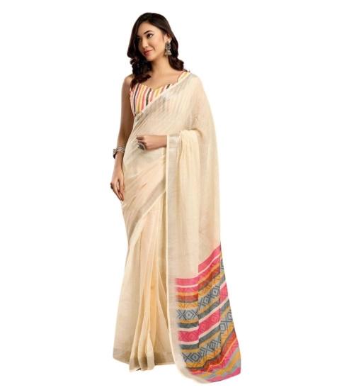 Women's Faux Linen Floral Print Ready to wear Saree With Unstitched Blouse 5.5Mtr (Cream)